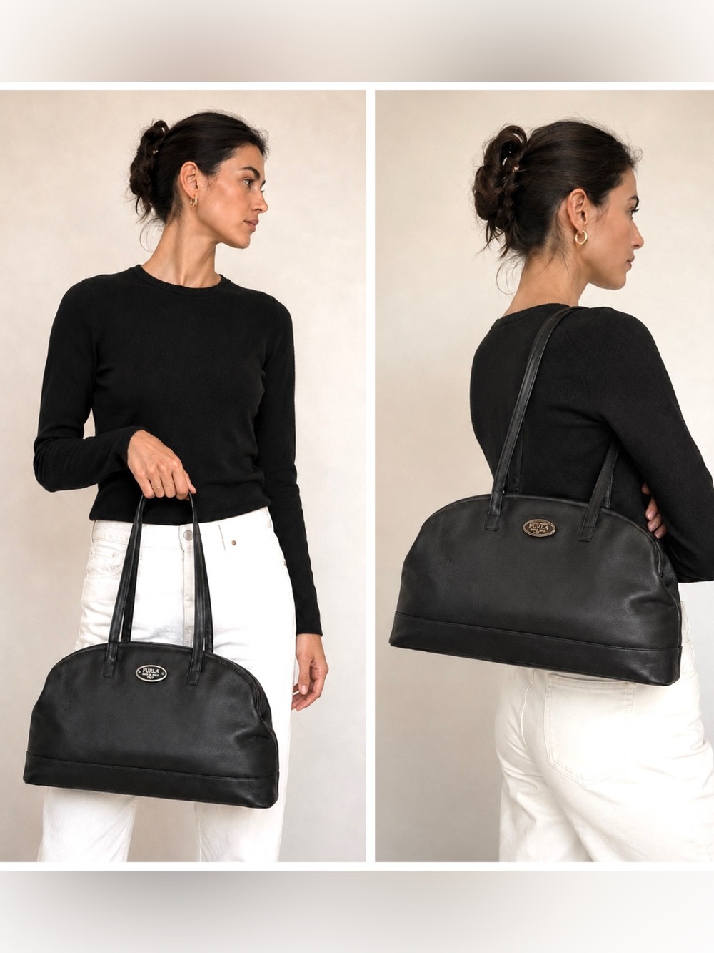 Vintage Furla Black Leather Dome Shoulder Bag With Silver Logo Made in Italy - Picture 3 of 17